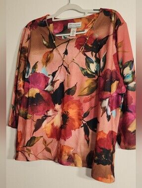 Alfred Dunner Pink Floral 3/4-Sleeve Top W/ Detachable Necklace PXL. Petite